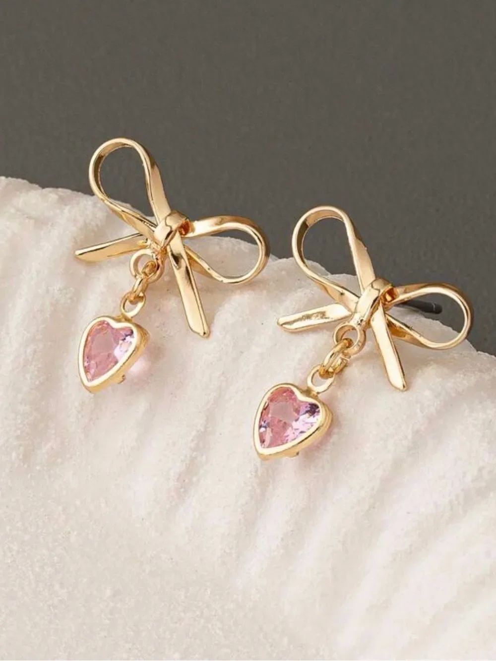 Gold Bow Earrings with Pink Heart Drops A2104